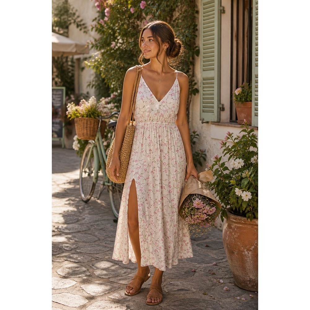 Reformation Floral Midi Dress Side Slit Criss Cross Back Size M (runs small)